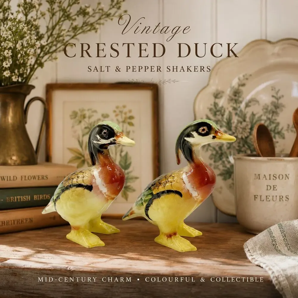 Vintage Ceramic Crested Duck Salt Pepper Shakers MCM Kitsch Figural Birds